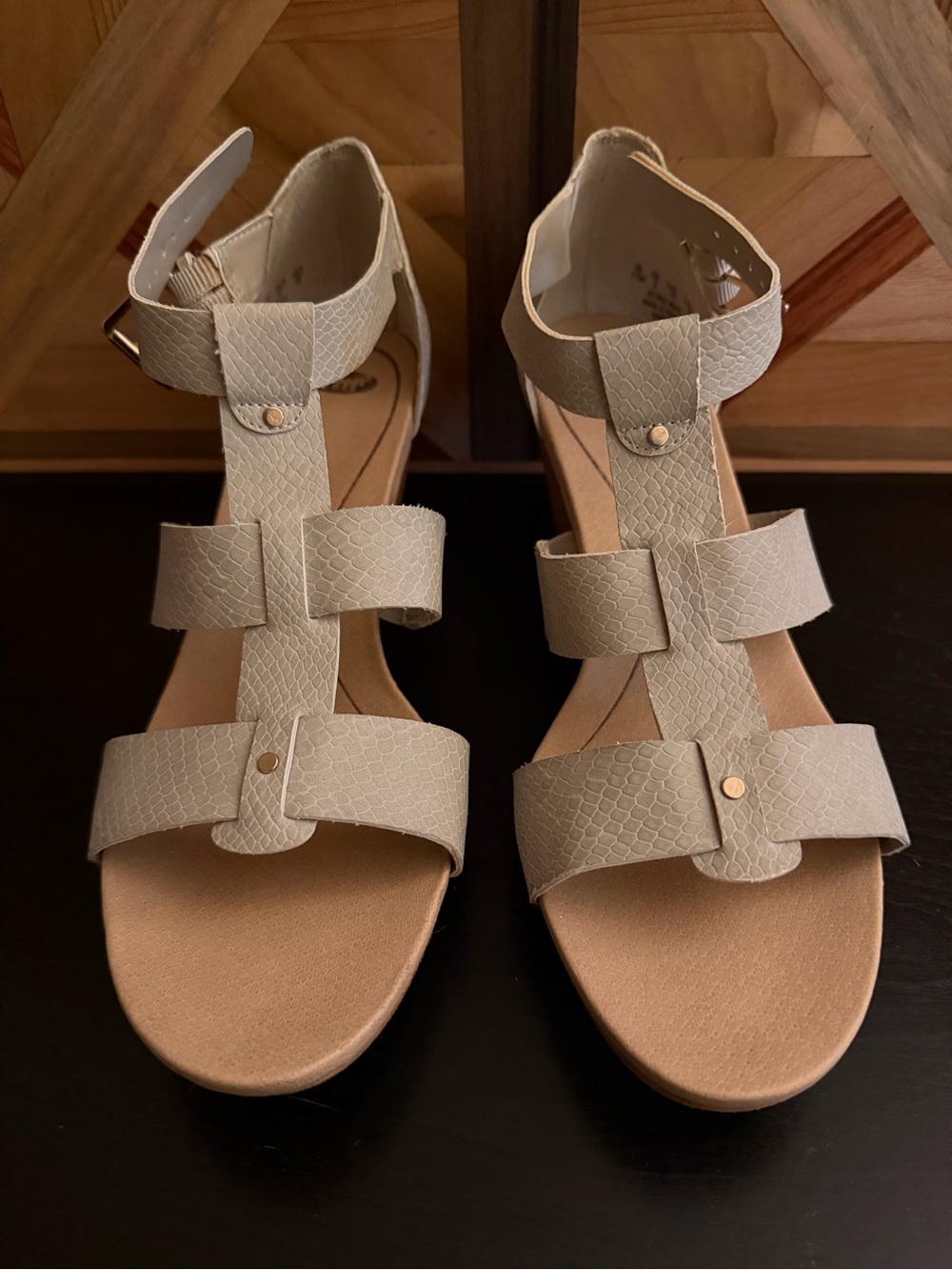 Dr. Scholl's Cream Cross-Strap Wedge Sandals - Picture 2 of 5